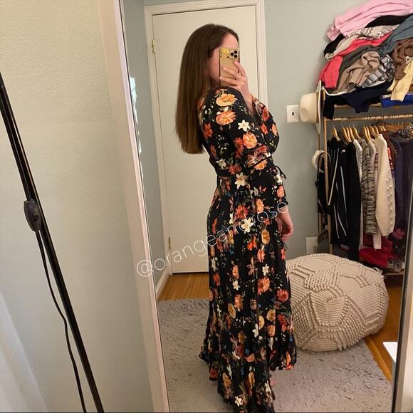 FARM Rio Brazil Black Floral Wrap Front Long Sleeve Maxi Dress Tropical XS - Picture 13 of 16